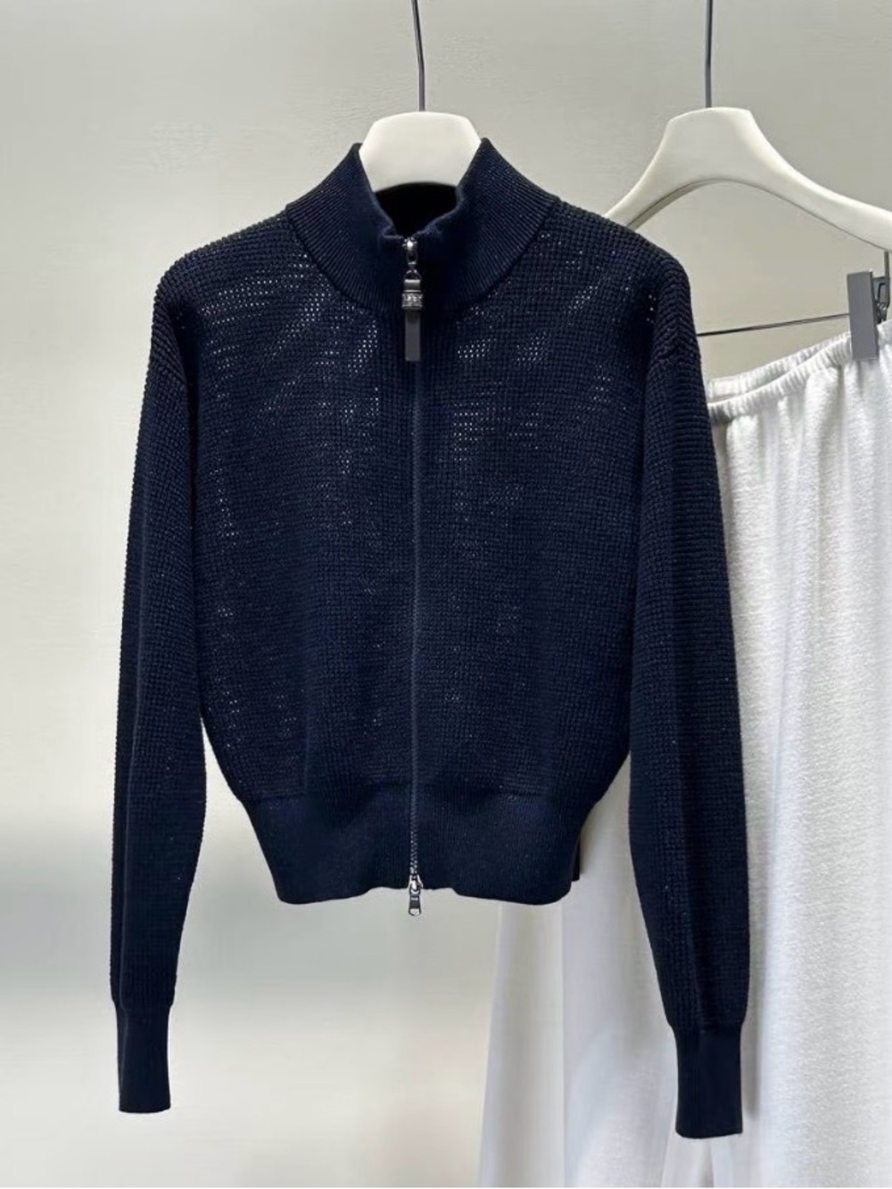 Women Navy Solid Knit Full Zip Mock Neck Long Sleeve Cardigan Sweater S